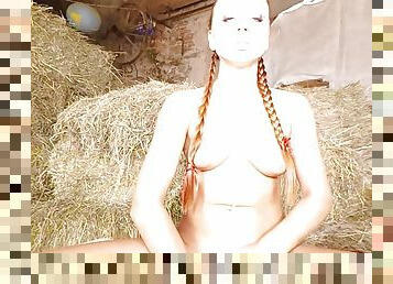 Solo sexy girl Ornela Morgan is masturbating with sex toy in the hayloft in VR.