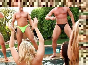 Curvaceous bikini girls have a wild poolside orgy