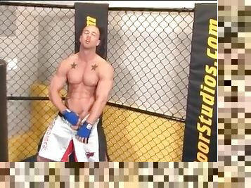 Hot guy cage fighting ring masturbates solo