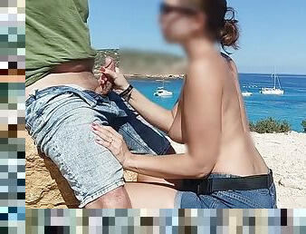 I show my tits in public and give blowjob to a stranger in Ibiza