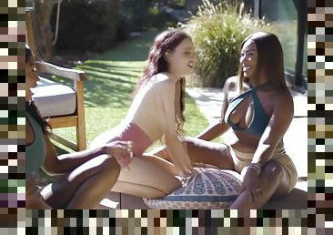 Ebony Yoga Teacher Lick Student Outdoors - Ginger G, Sabina Rouge And Chanell Heart