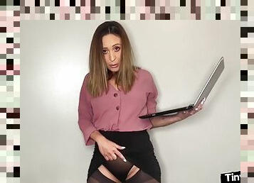 SPH femdom babe talking dirty on small rods in solo video