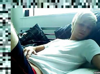 Skinny blonde twink jerks off in bed