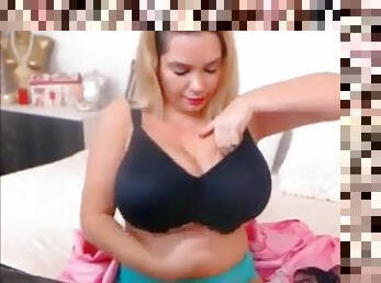 Blonde babe with enormous boobs show off live on webcam
