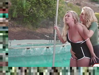 Horny blonde enjoys liking her pool cleaner