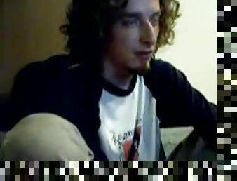 Curly hair webcam guy jerks off to cumshot