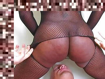 Ebony in fishnets sucks dick like a pro and fucks even greater