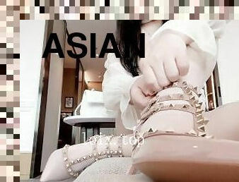 asiatique, gros-nichons, masturbation, orgasme, collants, pisser, chatte-pussy, giclée, femme, amateur