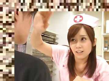 Perverted Japanese nurse gives a skilled blowjob to a waiting patient