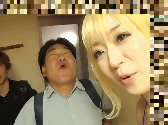 Japanese blonde has a hot gangbang in a hotel room