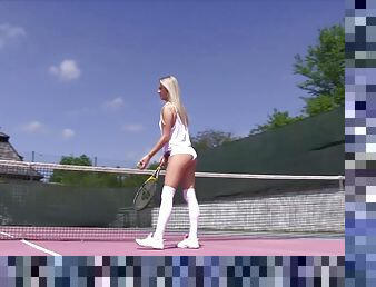 Tight ass tennis girl gets horny on the court and masturbates