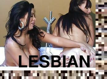 Catalina Cruz and Sienna West taking a warm bath together turns into a HOT lesbian sex show with some big o titties