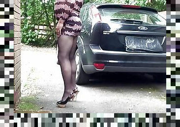 Amateur Crossdresser Kellycd2022 sexy milf masturbating outdoors on the driveway sissy cumshot public pantyhose heels 