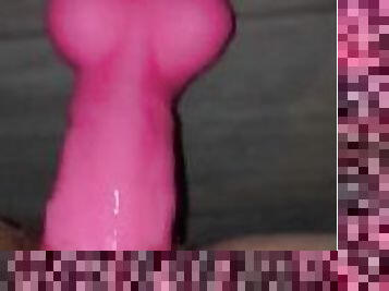 Hairy babe rides pink dildo (quick cum)