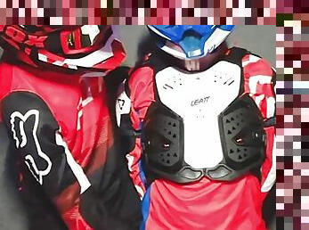 A guy in a motocross gear gets a portion on his mxhelmet