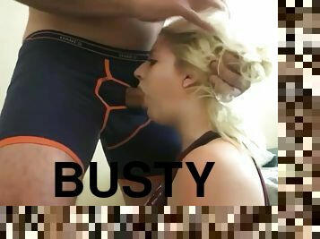 Busty blonde amateur deepthroats and rides a cock