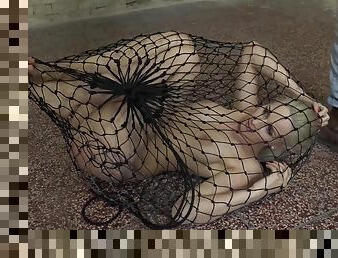 Obedient bitch sits stranded in fishnet and ready to fuck