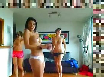Three Sexy Brunette Lesbians Dancing Topless for the Camera