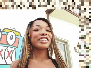 Marvelous Ebony With Long Hair Swallows Cum Outdoors