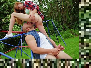 Redhead gets shared in a park and made to swallow a lot