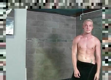 Big cock solo blonde strokes in the shower