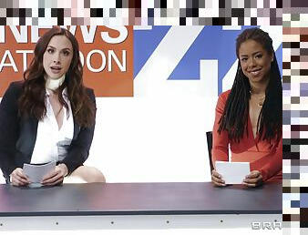 Lesbian news reporters Chanel Preston and Kira Noir lick on live TV