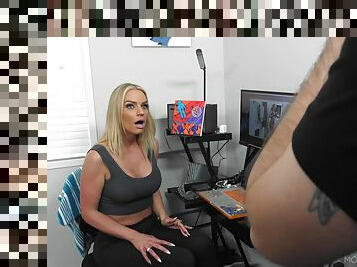 Busty blonde Rachael Cavali gives the best blowjob and titjob in her office