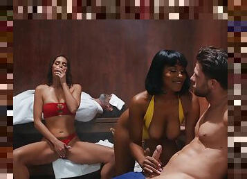 Relaxing time in sauna turns to hard threesome with Desiree Dulce