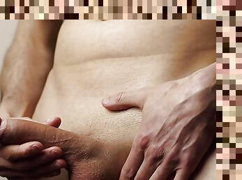 Male masturbating stood up jacking off cock