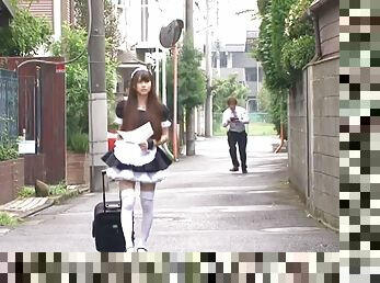 Naughty Japanese maid cleans men's hard pipes like a pro