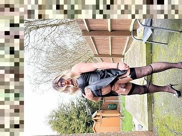 Amateur crossdresser Kellycd2022 sexy milf masturbation pvc dress stockings heels outdoors sissy public 