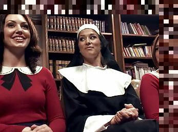 Sexy nun dominates two sexy babes in school uniform