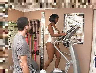 Busty ebony chick Stacy Adams gets seduced and fucked by her fitness coach