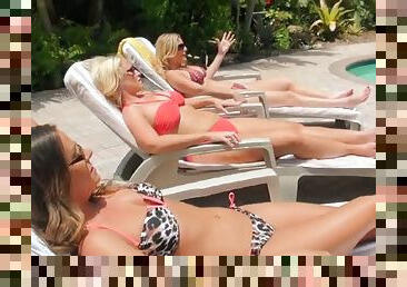 Three hot milfs play with each other's pussies on the poolside