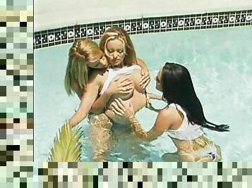 Wet naked lesbo stunners having a hot action in the pool