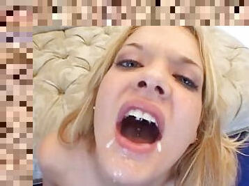 Kinky Blonde Eats Cum In Threesome BJ