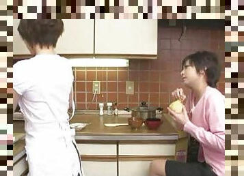 Japanese lesbians fool around in the kitchen