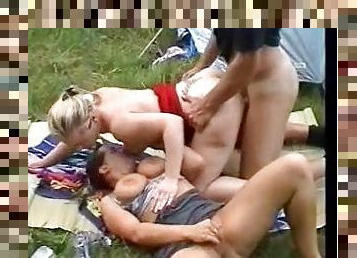 Outdoor sex threesome on a camping trip