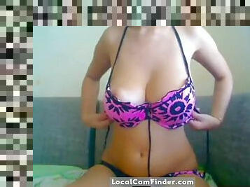 gros-nichons, russe, babes, naturel, webcam, solo, soutien-gorge, taquinerie