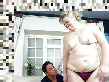 Blonde mature amateur British BBW bo gets her enormous tits sucked