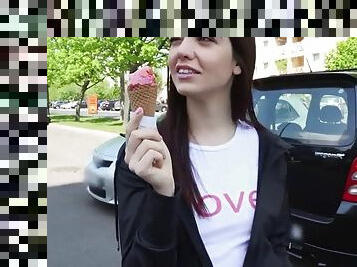 Horny brunette mistakes his cock for an ice cream
