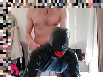 Condom latex catsuit sex, wearing high heels I have my face and my pussy fucked