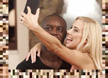 Blond chick interrupts selfie session to make love with black BF