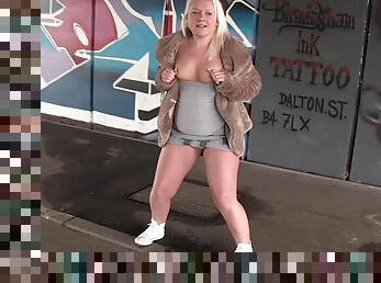 Chubby blonde woman flashing her tits in public - Tanya Lixx