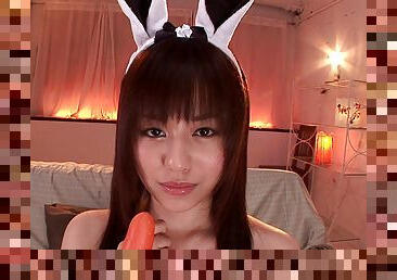 Rina Rukawa wears a bunny outfit while being teased with toys