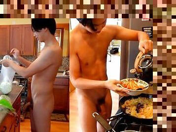 Big dick TWINK making Japanese food for you butt ass naked