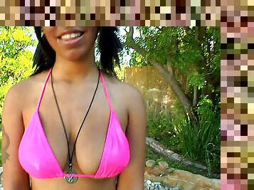 Ebony babe with peircinged nipples get fucked at the pool