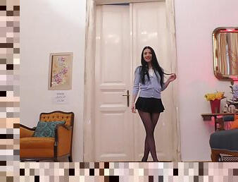 Petite brunette teen Mia Evans mounts and rides a guy in a miniskirt