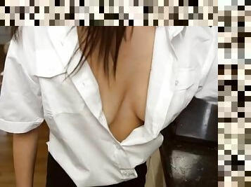 Blouse babe pours her coffee and flaunts her tits