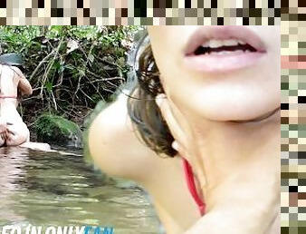 Skinny step sister shows her tits and takes my dick out to suck it in the woods. A WHOLE NYMPHO.